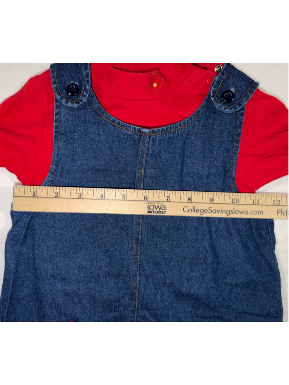 UR it Girls Blue Denim Red Jumper Dress 24 Months Flower Pocket Button Baby - Picture 8 of 9